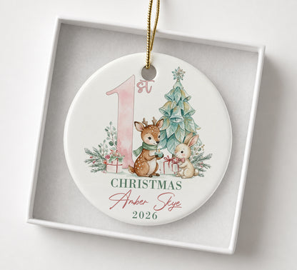 Baby 1st Christmas Ornament - Deer & Rabbit Custom Name Ceramic Ornament 2026