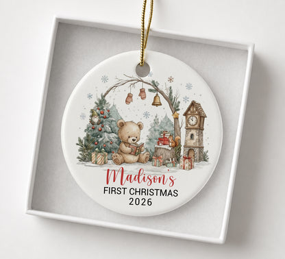 Baby 1st Christmas Bear Ornament - Custom Name Ceramic Ornament 2026