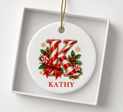 Personalized Candy Cane Initial Ornament, Custom Name Christmas Keepsake (3 Inch Glass)
