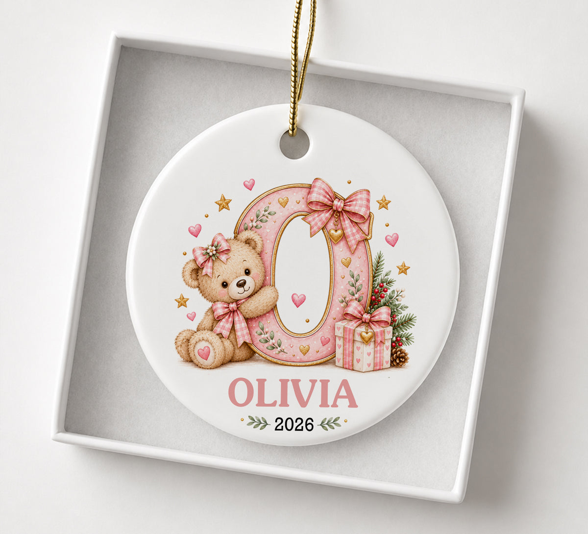 Personalized Teddy Bear Initial Ornament, Custom Name and Year Christmas Keepsake, Baby First Christmas Gift, Kids Holiday Ornament