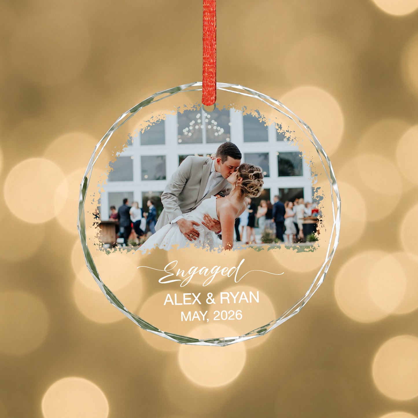Engaged Custom Name Date  Image Glass Ornament 2026 Xmas