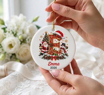 Personalized Christmas Letter A Ornament 2026, Monogram Initial Ceramic Ornament, Vintage Santa Snowman Holiday Tree Decoration