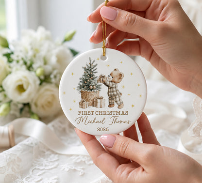 Baby 1st Christmas Bear Gift Ornament - Custom Name Ceramic Ornament 2026