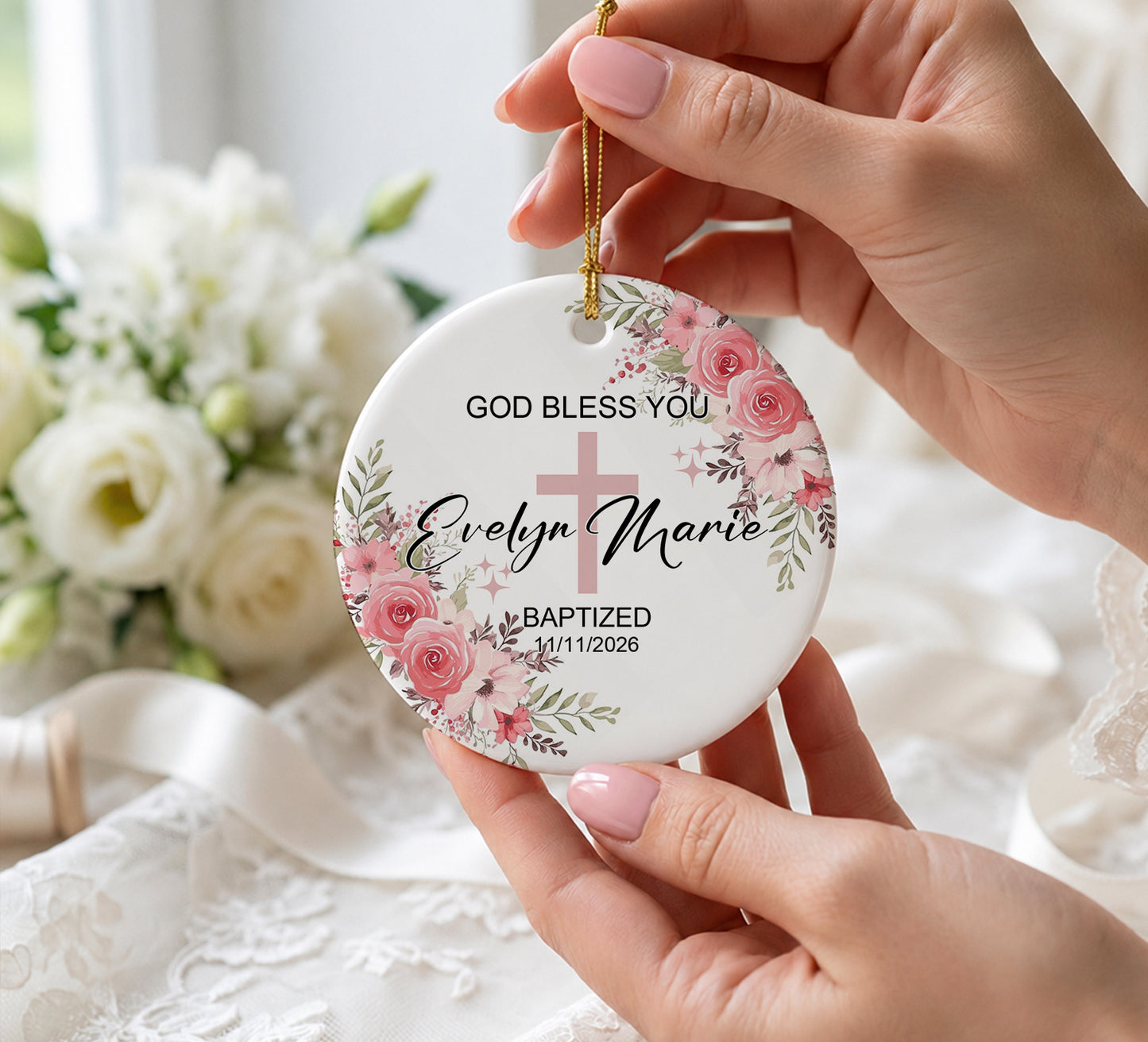 God Bless You Baptized - Custom Date Time Ceramic Ornament Xmas 2026