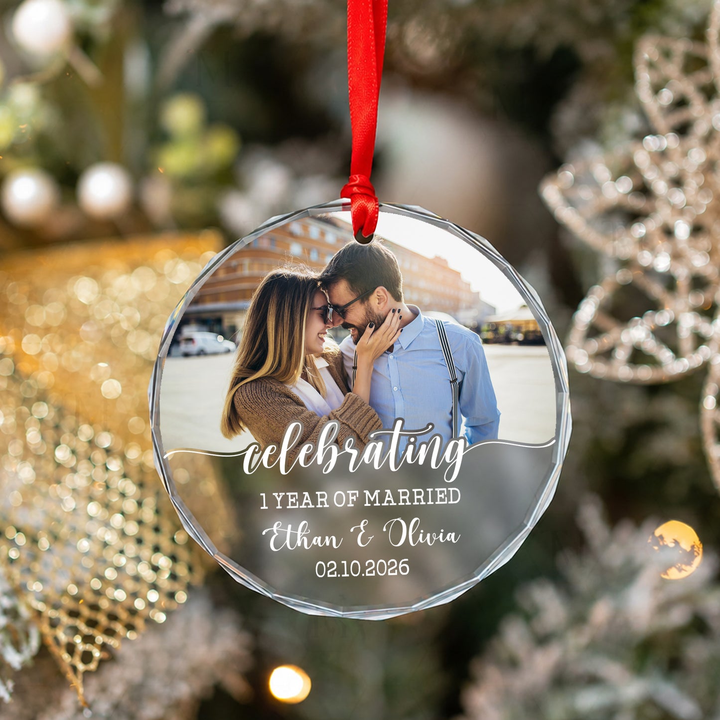 Celebrating 1 Year Anniversary Custom Name Image Glass Xmas Ornament 2026