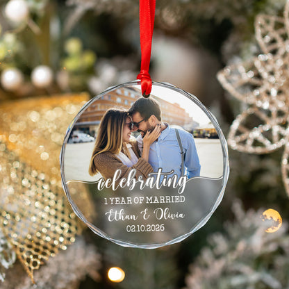 Celebrating 1 Year Anniversary Custom Name Image Glass Xmas Ornament 2026