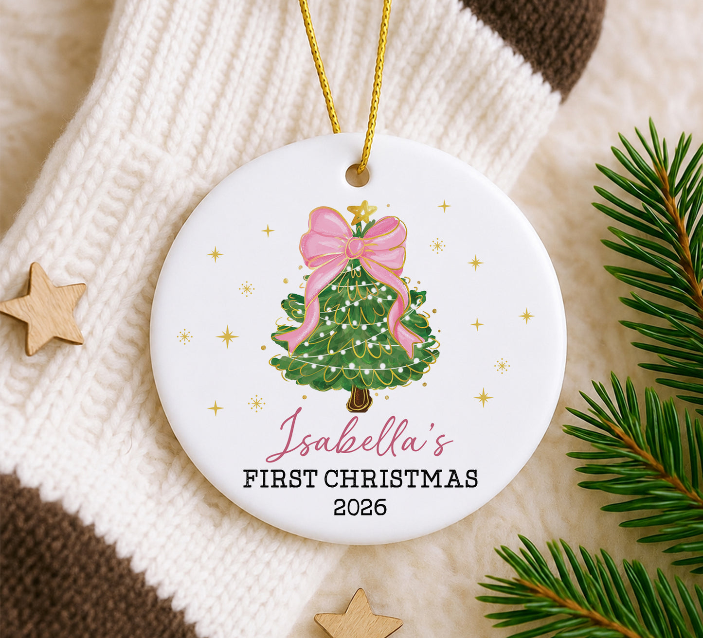 Baby 1st Christmas Pine Tree Girl Ornament - Custom Name Ceramic Ornament 2026