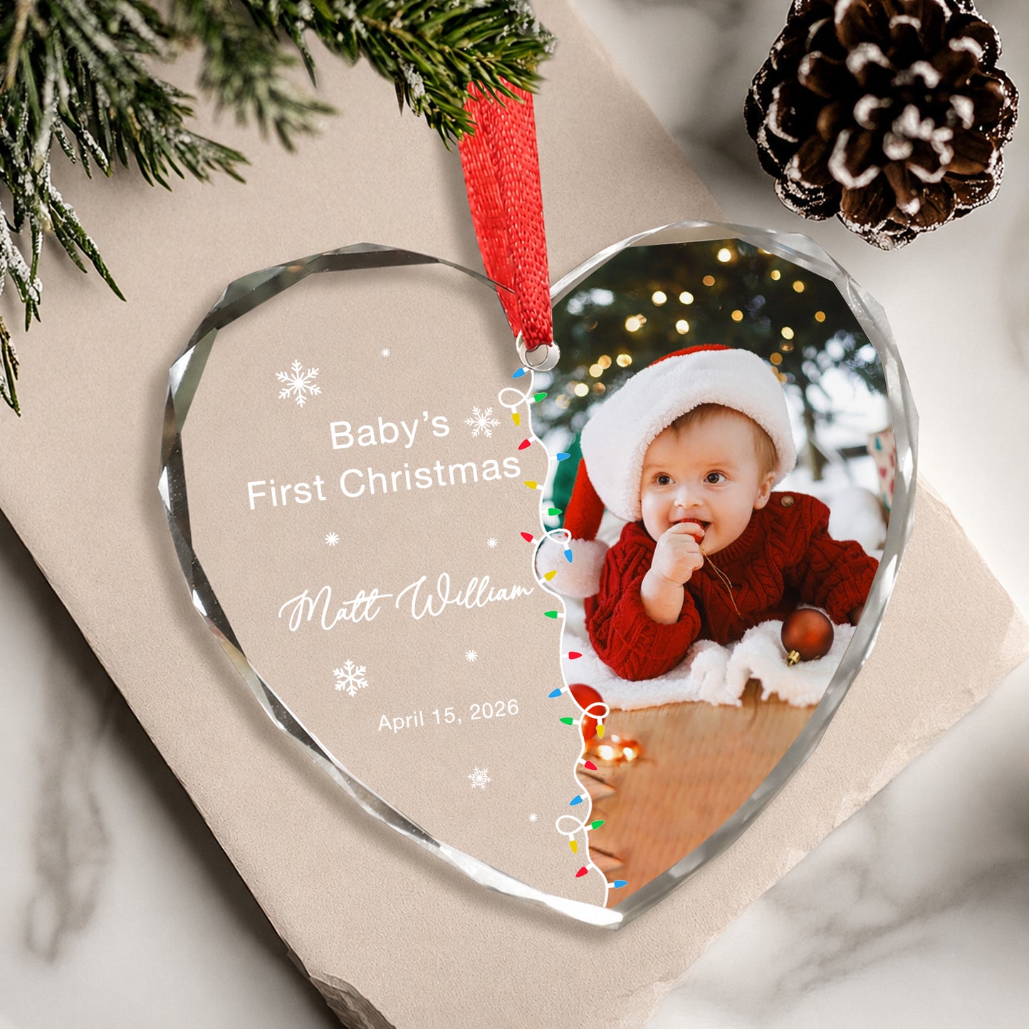 Baby 1st Christmas Ornament - Custom Name & Image Heart Glass Ornament 2026