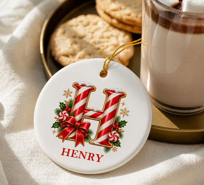 Personalized Candy Cane Initial Ornament, Custom Name Christmas Keepsake (3 Inch Glass)