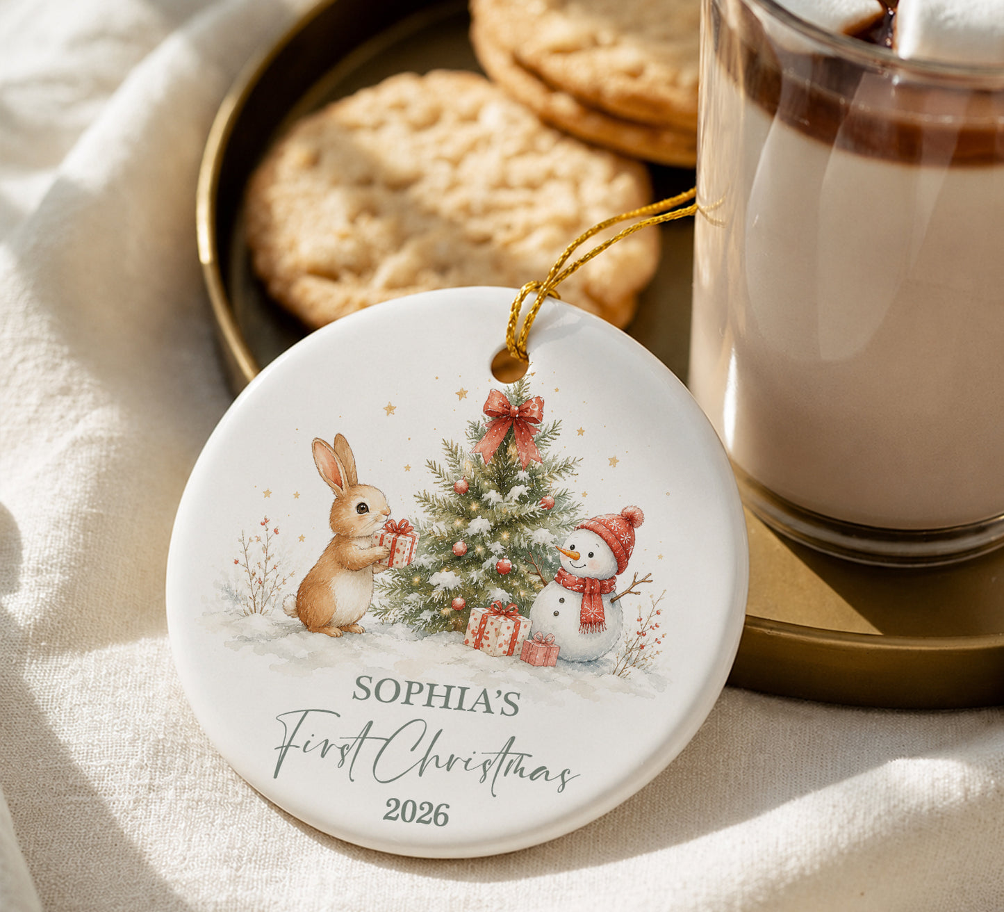 Baby 1st Christmas Rabbit & Snowman Ornament - Custom Name Ceramic Ornament 2026