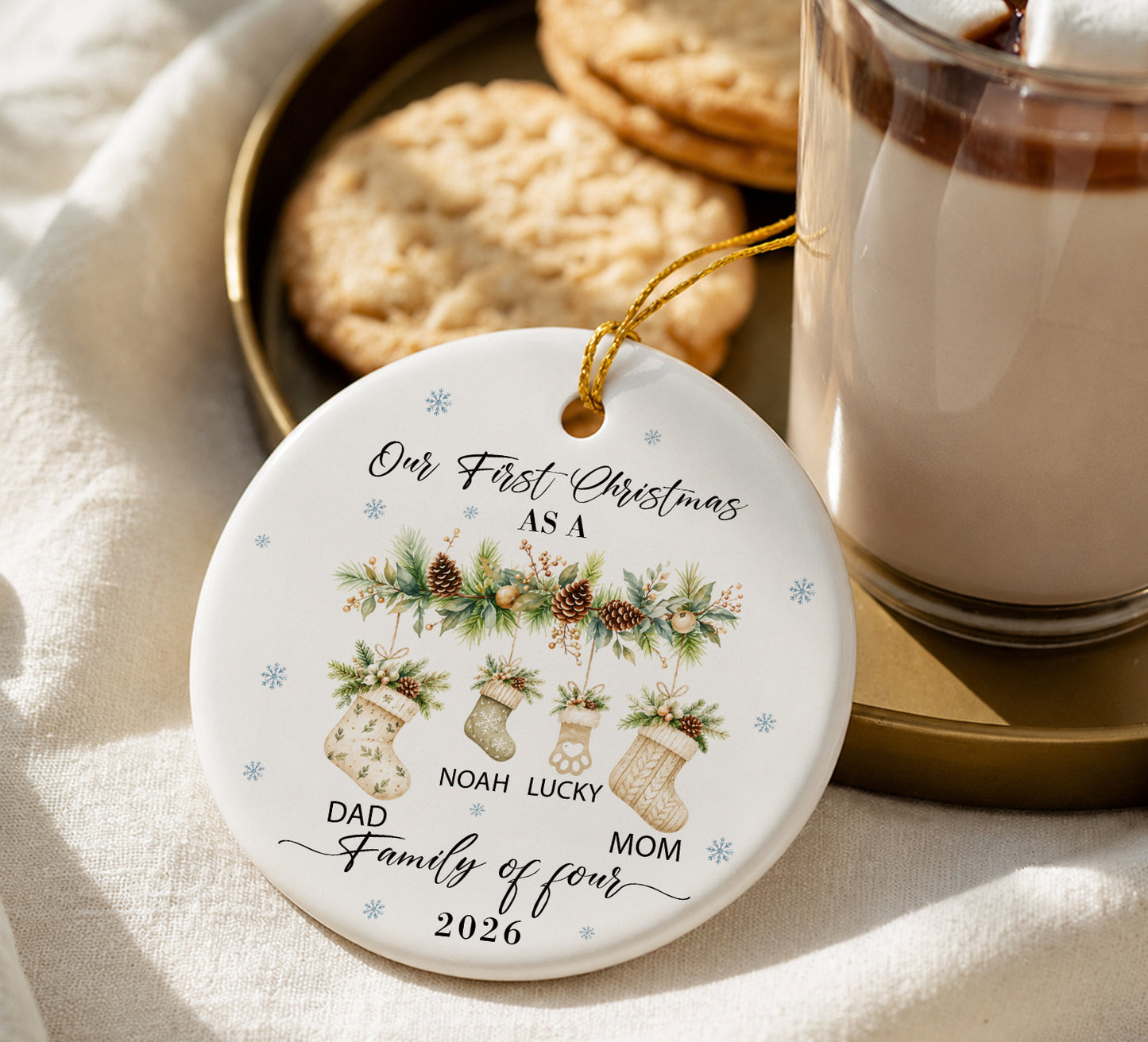 Our 1st Christmas Family Of Four Ornament - Sock Pattern Custom Name Ceramic Ornament 2026