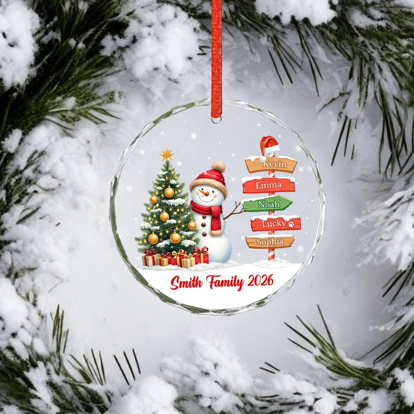 Custom Name Family Member Sign Snowman - Glass Ornament 2026 Xmas