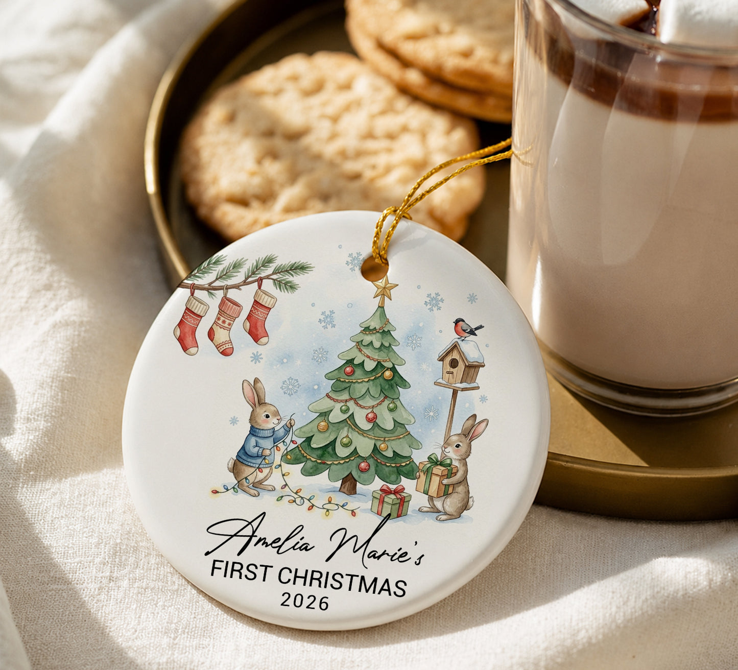 Baby 1st Christmas Ornament - Rabbit Pine Custom Name Ceramic Ornament 2026
