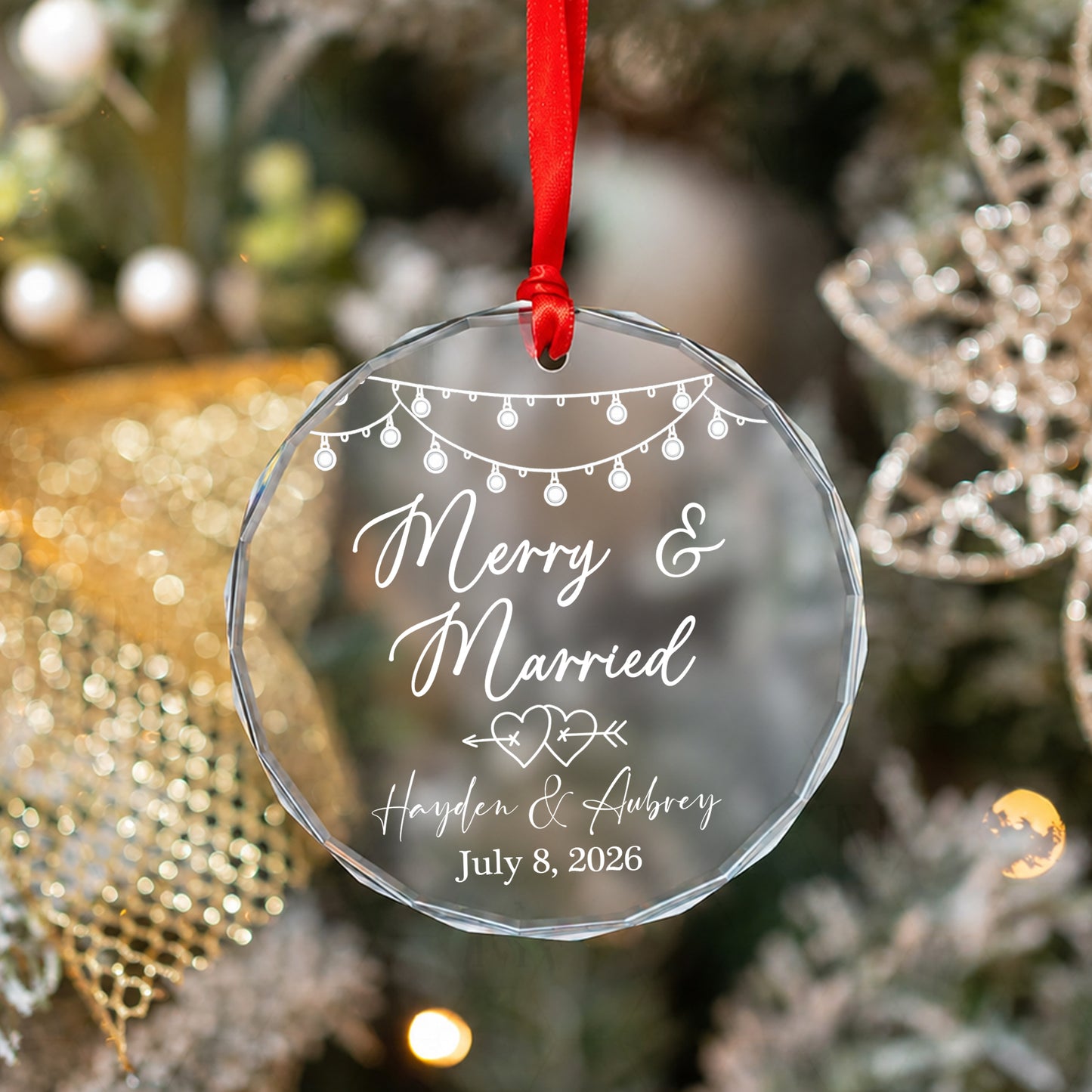 Merry & Married Custom Name Glass Xmas Ornament 2026