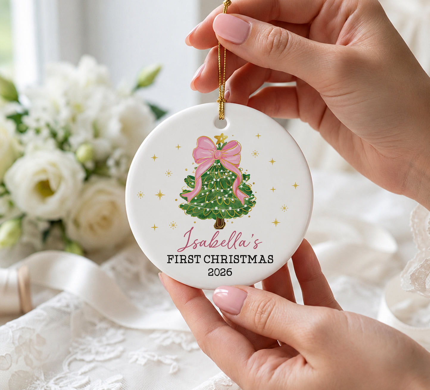 Baby 1st Christmas Pine Tree Girl Ornament - Custom Name Ceramic Ornament 2026