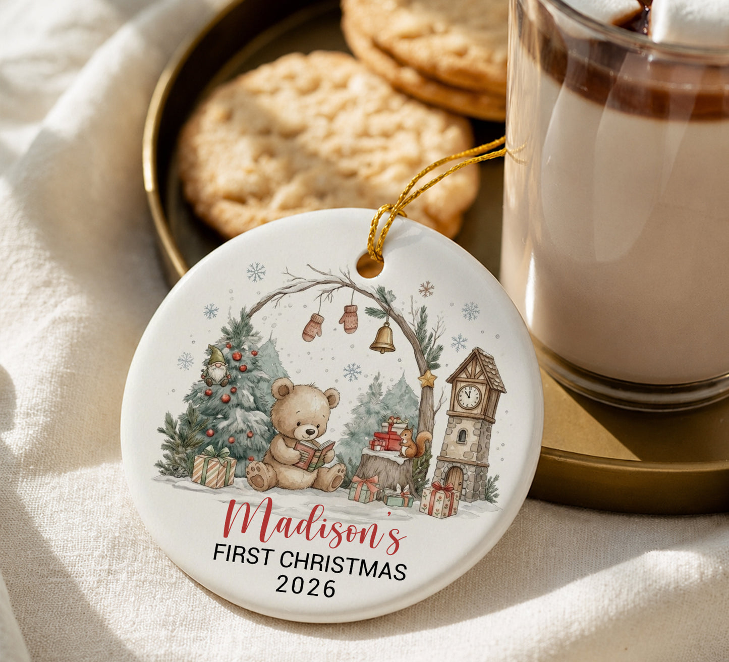 Baby 1st Christmas Bear Ornament - Custom Name Ceramic Ornament 2026