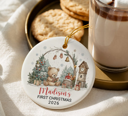 Baby 1st Christmas Bear Ornament - Custom Name Ceramic Ornament 2026