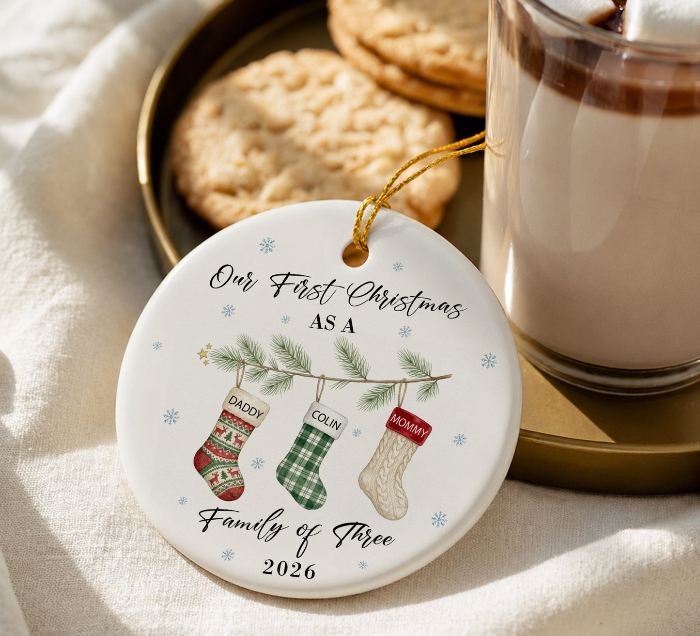 Our 1st Christmas Family Of Three Ornament - Sock Pattern Custom Name Ceramic Ornament 2026