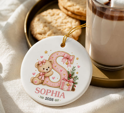 Personalized Teddy Bear Initial Ornament, Custom Name and Year Christmas Keepsake, Baby First Christmas Gift, Kids Holiday Ornament