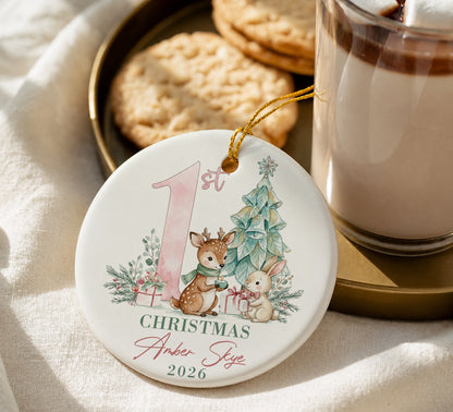 Baby 1st Christmas Ornament - Deer & Rabbit Custom Name Ceramic Ornament 2026