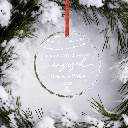 Our Adventure Engaged Custom Name Glass Ornament 2026 Xmas