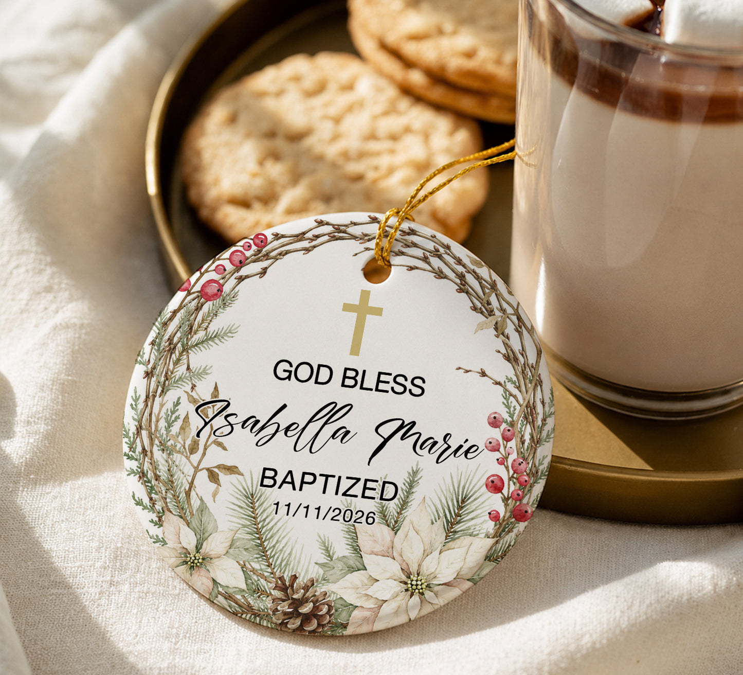 God Bless Custom Name Baptized - Custom Date Time Ceramic Ornament Xmas 2026