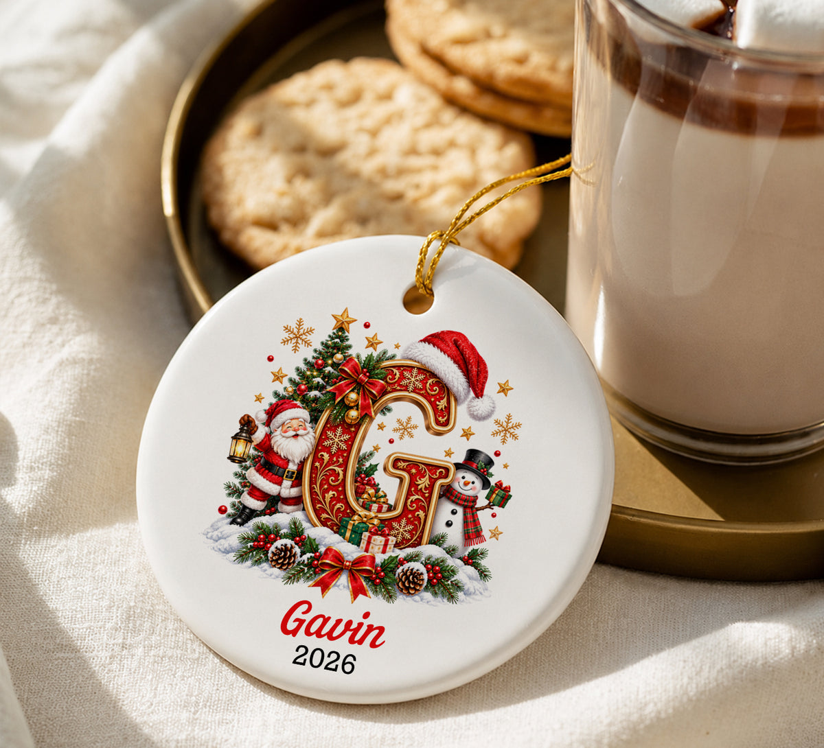 Personalized Christmas Letter A Ornament 2026, Monogram Initial Ceramic Ornament, Vintage Santa Snowman Holiday Tree Decoration