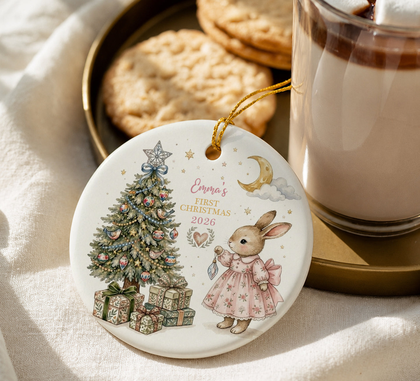 Baby 1st Christmas Ornament - Rabbit Girl Custom Name Ceramic Ornament 2026