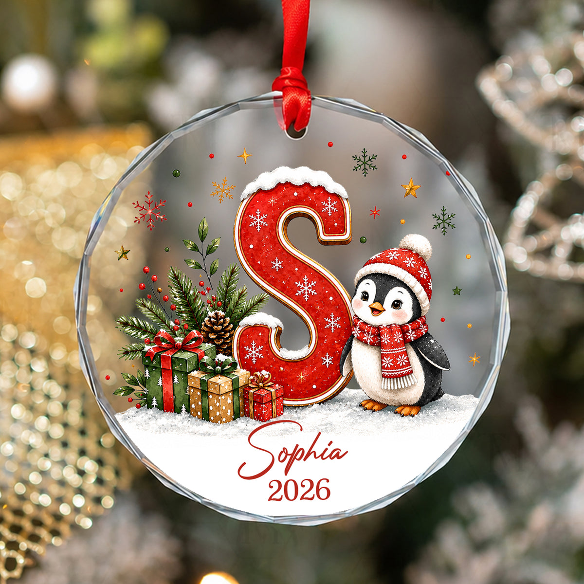 Personalized Glass Christmas Ornament, Custom Initial Name & Year, Woodland Animal Keepsake