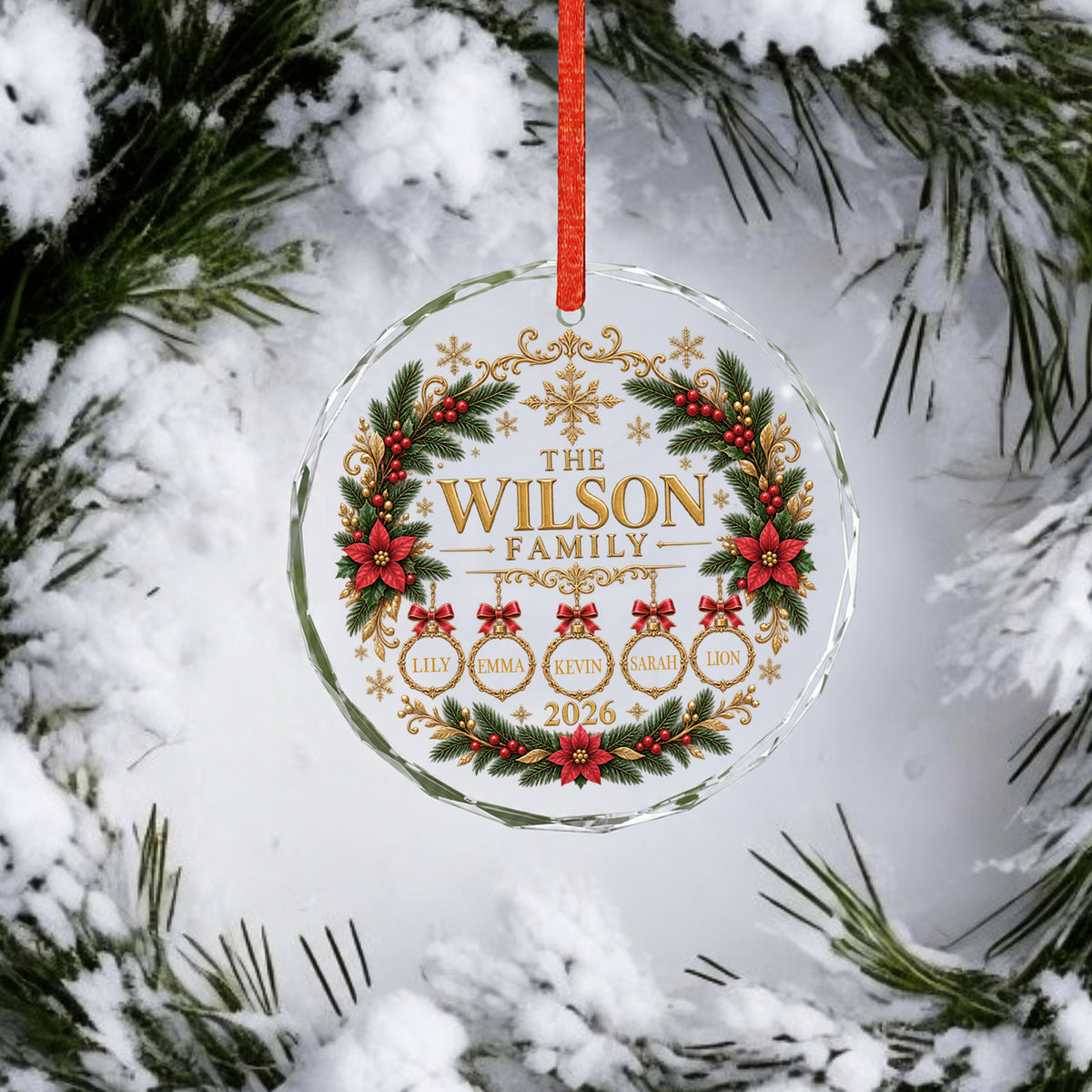 Personalized Christmas ornament engraved with family name, custom-named glass ornament, family and pet ornament, 2026 family keepsake.