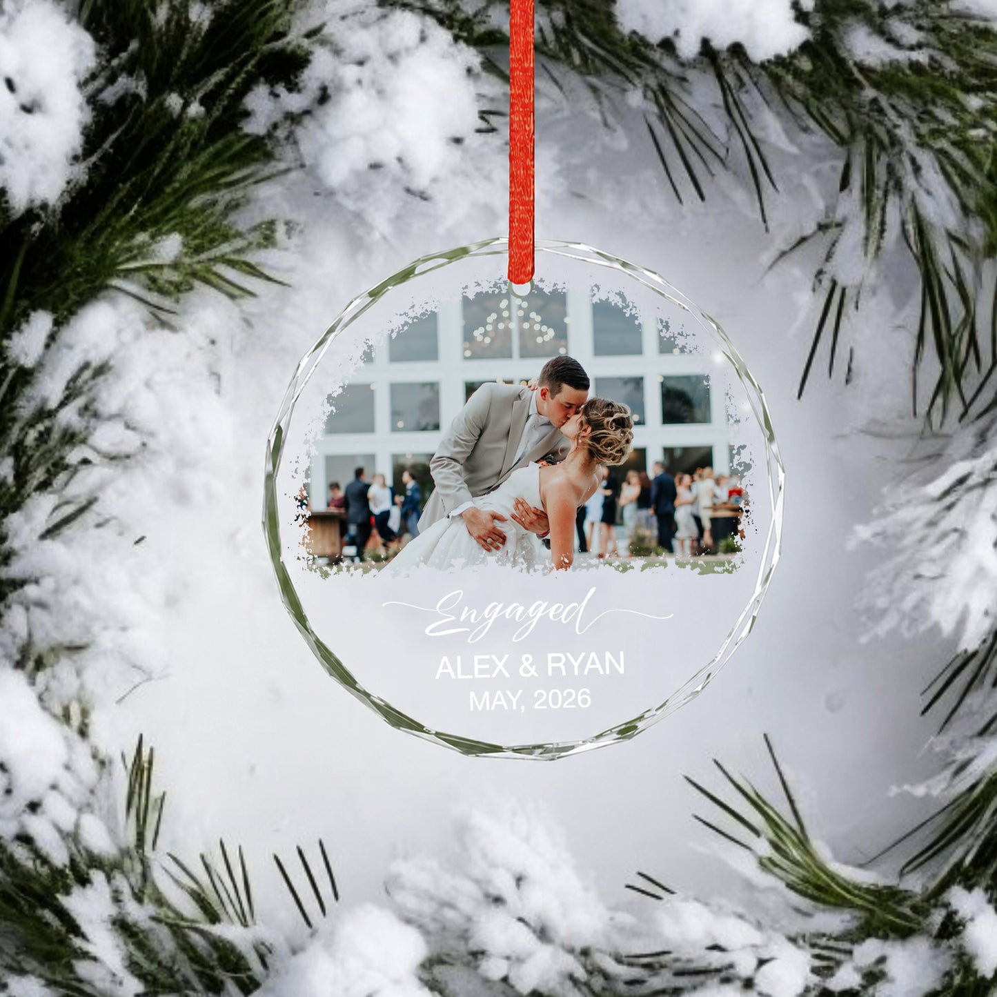 Engaged Custom Name Date  Image Glass Ornament 2026 Xmas