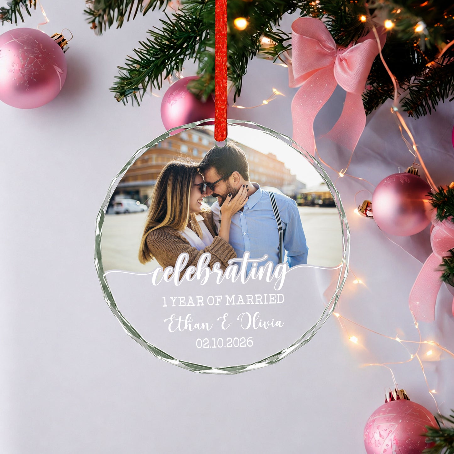 Celebrating 1 Year Anniversary Custom Name Image Glass Xmas Ornament 2026