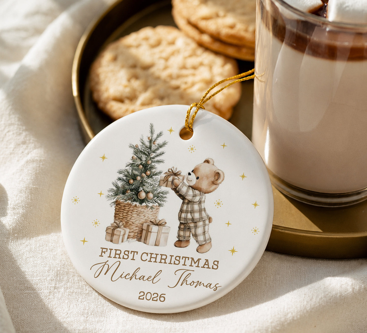 Baby 1st Christmas Bear Gift Ornament - Custom Name Ceramic Ornament 2026