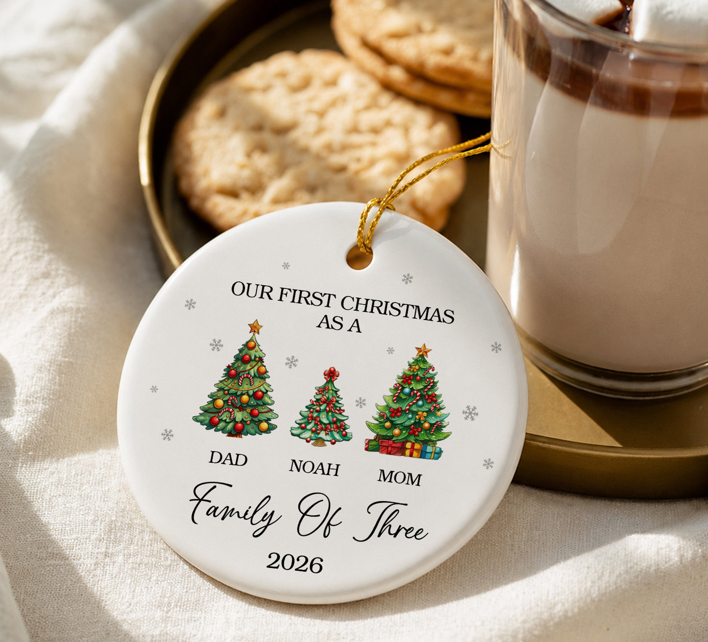 Our 1st Christmas Family Of Three Ornament - Pine Tree Pattern Custom Name Ceramic Ornament 2026