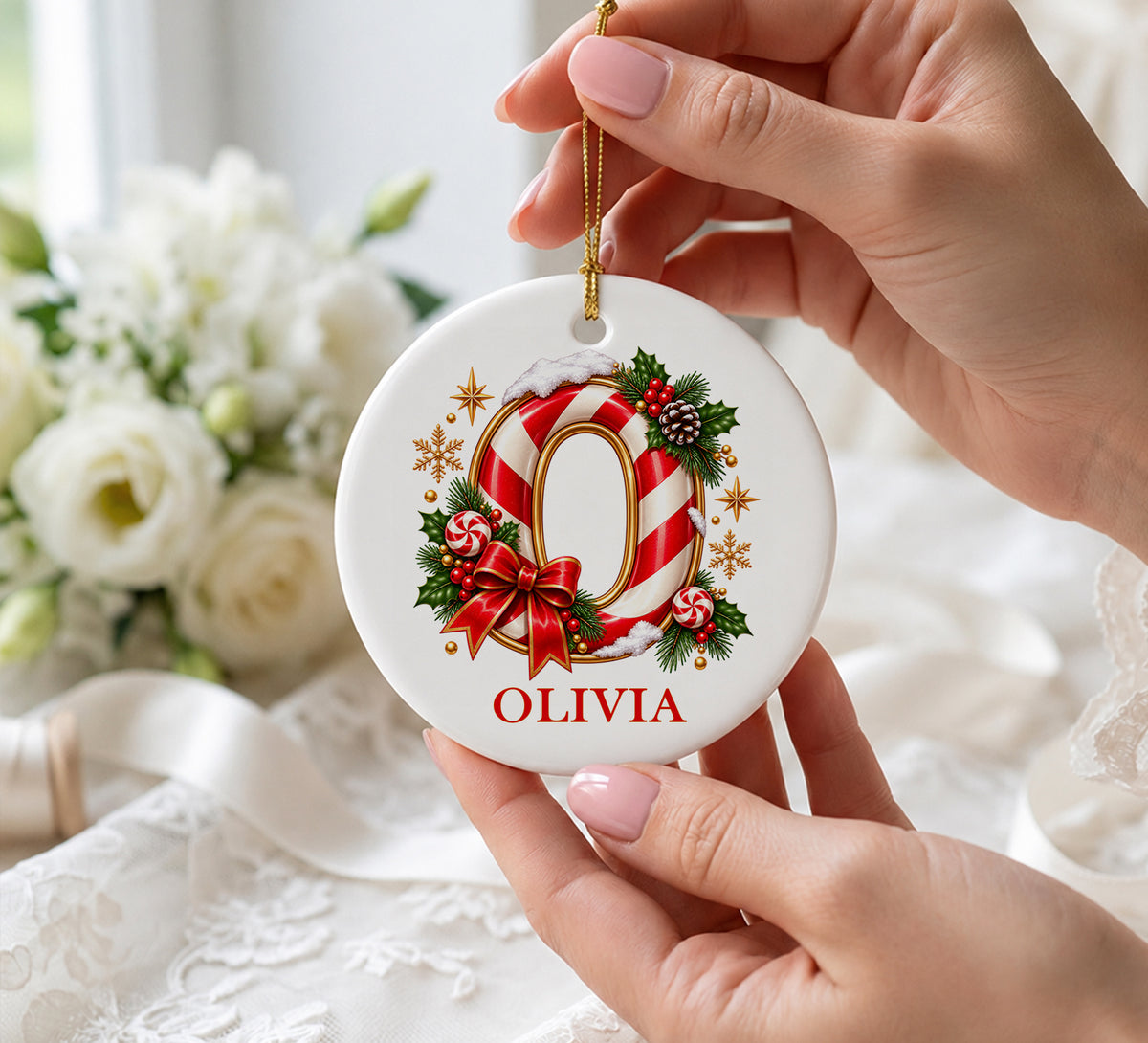 Personalized Candy Cane Initial Ornament, Custom Name Christmas Keepsake (3 Inch Glass)