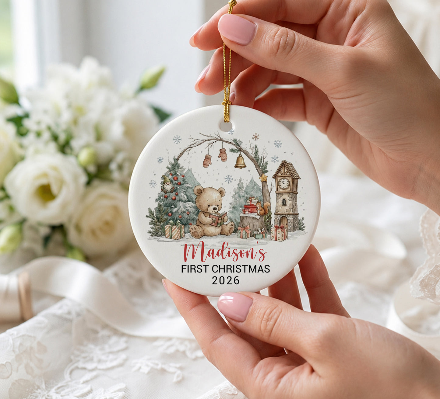Baby 1st Christmas Bear Ornament - Custom Name Ceramic Ornament 2026