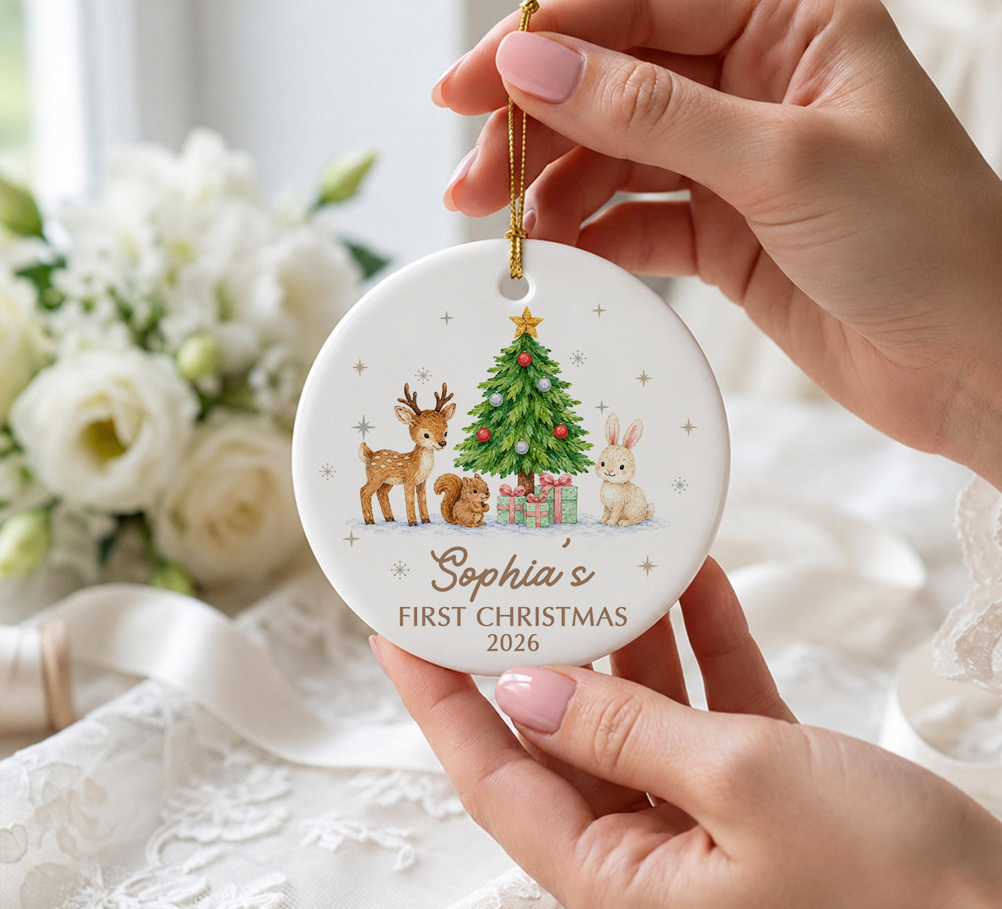 Baby 1st Christmas Animal Ornament - Custom Name Ceramic Ornament 2026