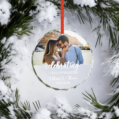 Celebrating 1 Year Anniversary Custom Name Image Glass Xmas Ornament 2026