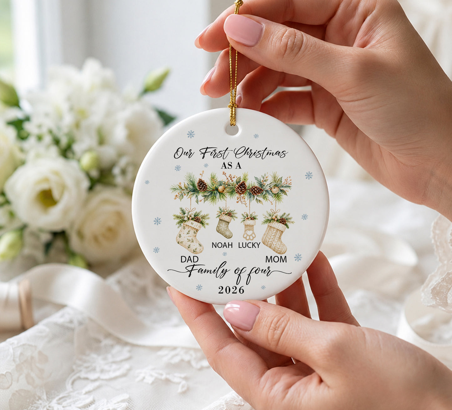 Our 1st Christmas Family Of Four Ornament - Sock Pattern Custom Name Ceramic Ornament 2026