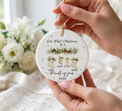 Our 1st Christmas Family Of Four Ornament - Sock Pattern Custom Name Ceramic Ornament 2026