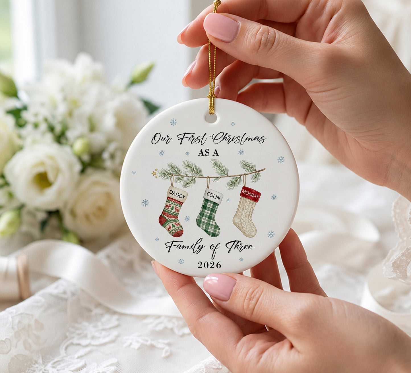 Our 1st Christmas Family Of Three Ornament - Sock Pattern Custom Name Ceramic Ornament 2026