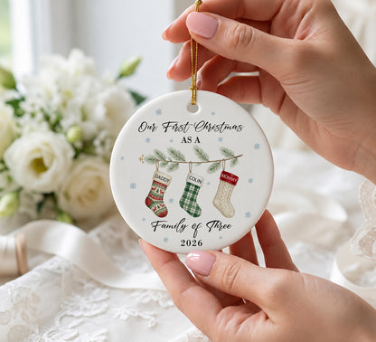 Our 1st Christmas Family Of Three Ornament - Sock Pattern Custom Name Ceramic Ornament 2026