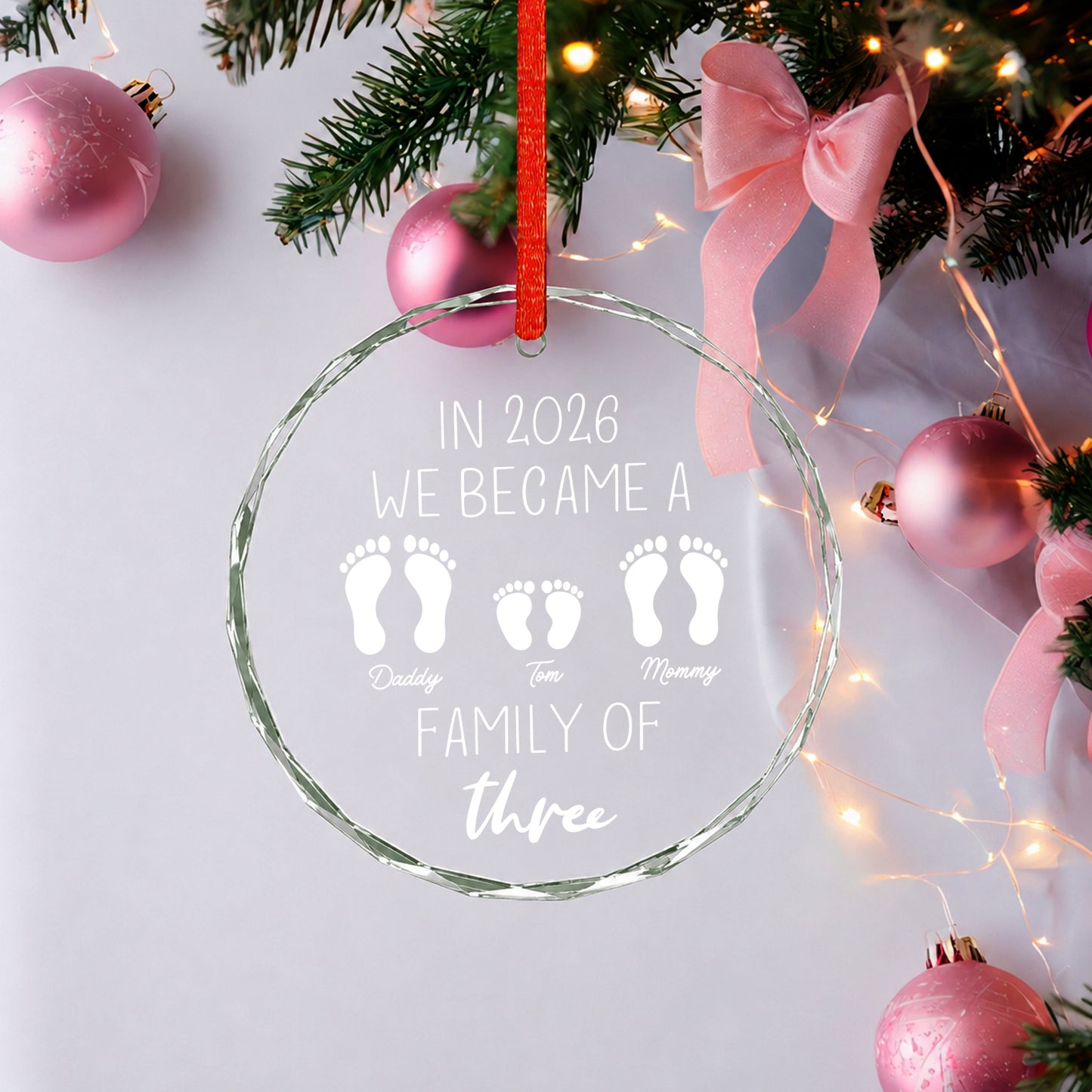 We Became Family Of Three - Custom Name Glass Ornament 2026