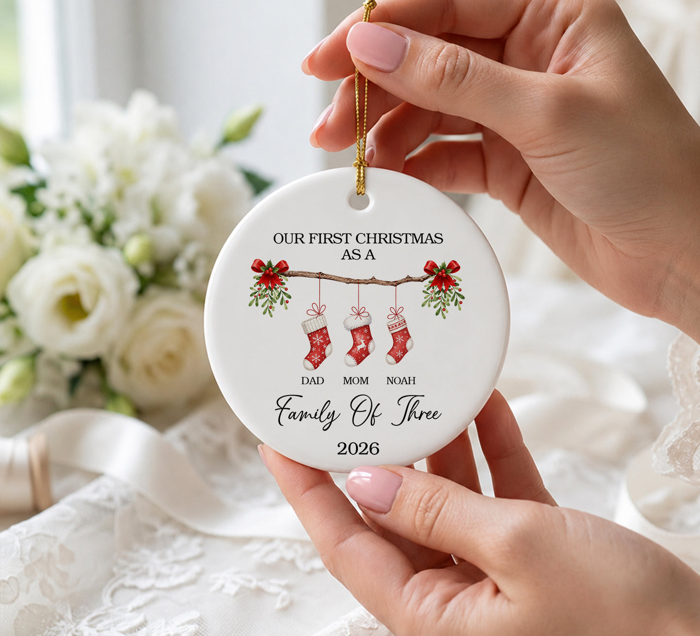 Family Of Three 1st Christmas - Ceramic Ornament 2026 Xmas