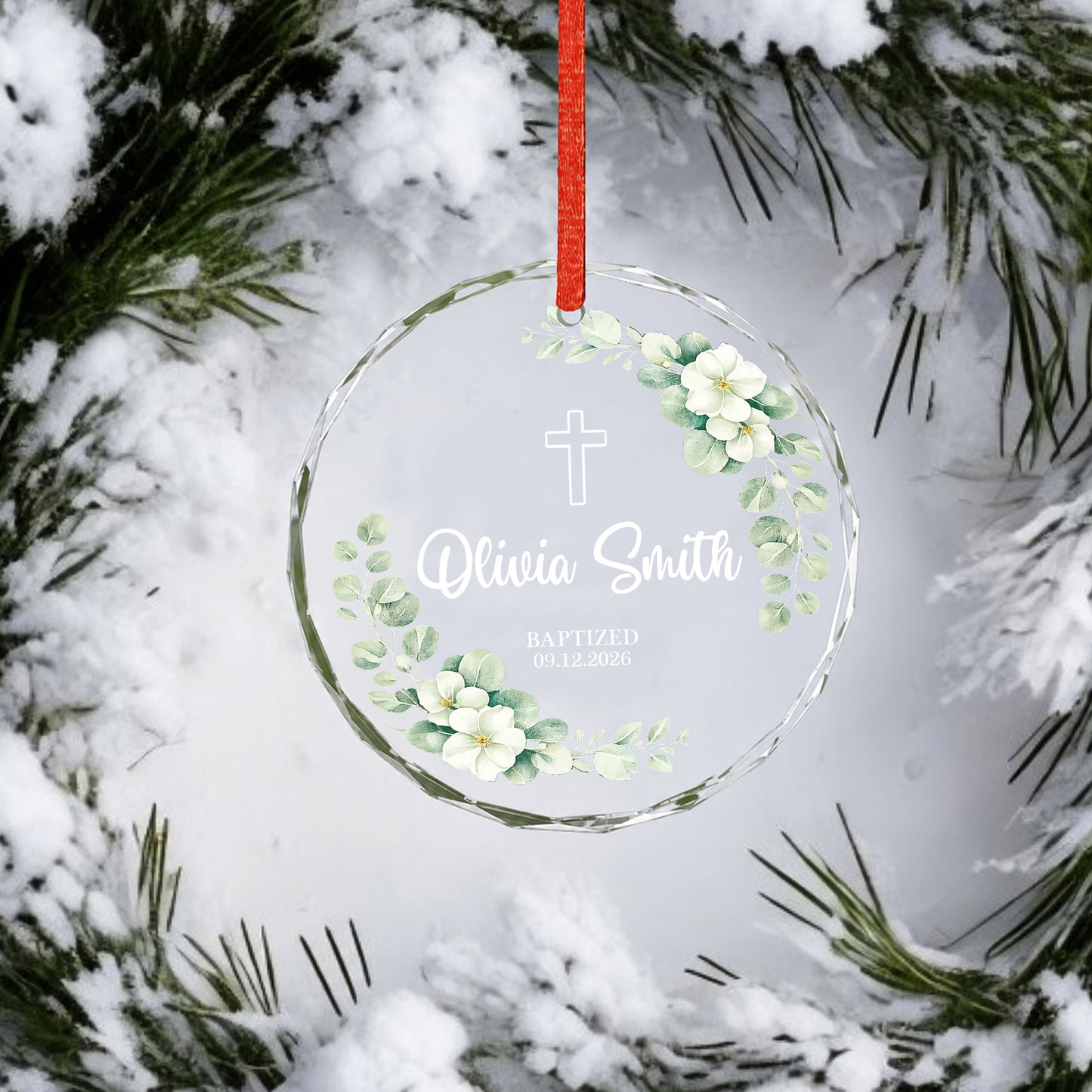 Custom Date Time & Name Christian Glass Ornament Xmas 2026