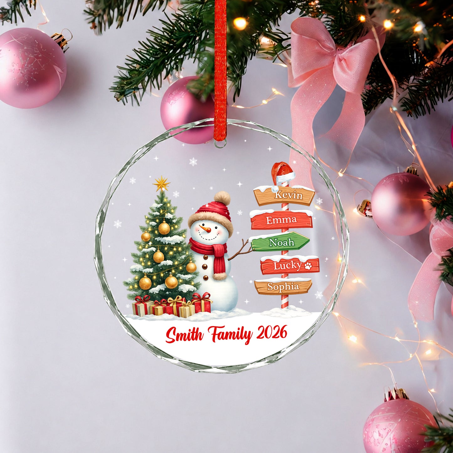 Custom Name Family Member Sign Snowman - Glass Ornament 2026 Xmas