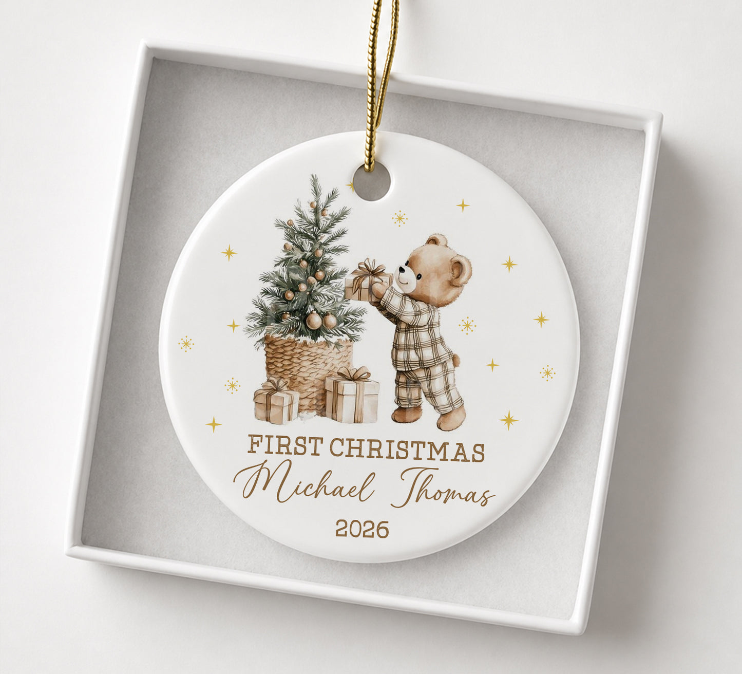 Baby 1st Christmas Bear Gift Ornament - Custom Name Ceramic Ornament 2026