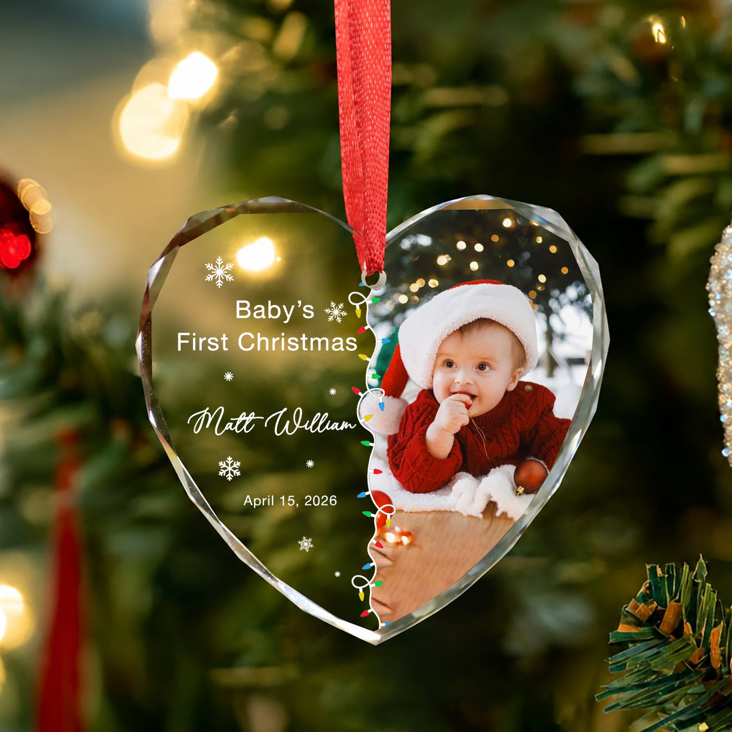 Baby 1st Christmas Ornament - Custom Name & Image Heart Glass Ornament 2026