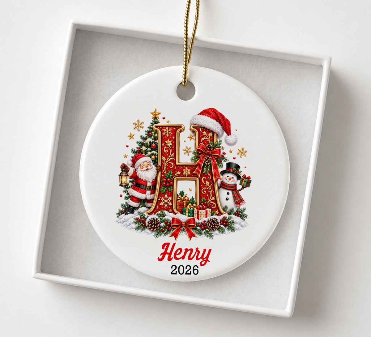 Personalized Christmas Letter A Ornament 2026, Monogram Initial Ceramic Ornament, Vintage Santa Snowman Holiday Tree Decoration
