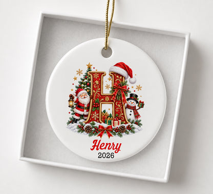 Personalized Christmas Letter A Ornament 2026, Monogram Initial Ceramic Ornament, Vintage Santa Snowman Holiday Tree Decoration